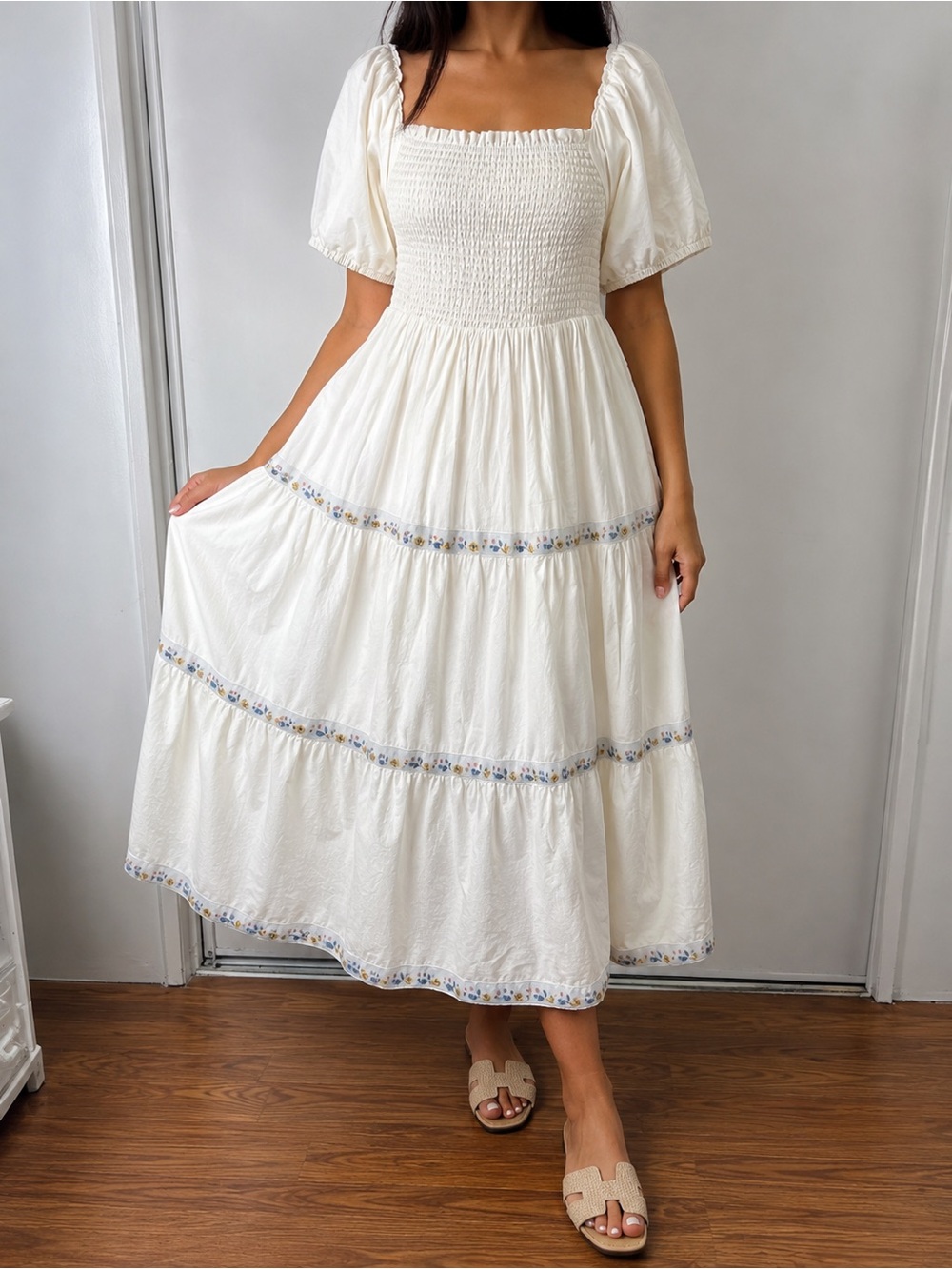 RACHEL ZOE White Smocked Cottagecore Midi Dress Embroidered Trim Size 10